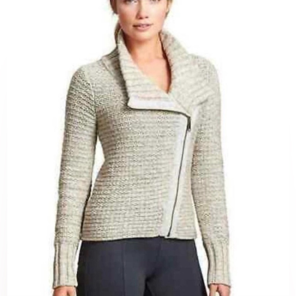 Athleta Chill Textured Sweater Jacket Merino Wool Oatmeal Heather Small